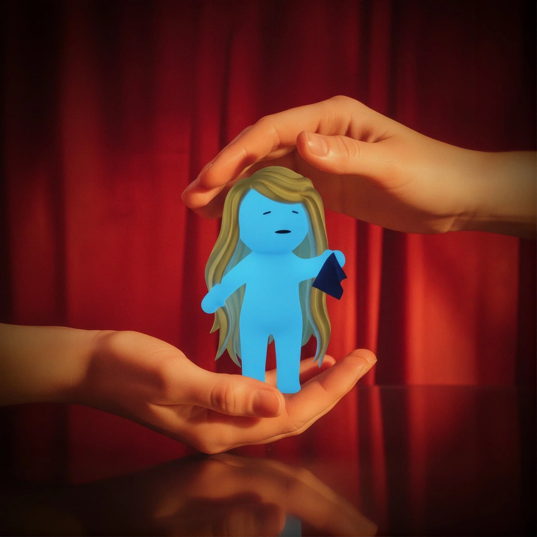 Hands holding a blue Mundo figurine with long blonde hair against red curtains.